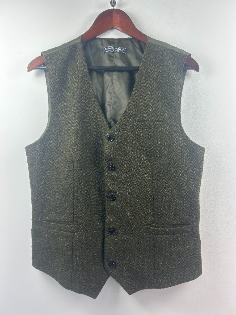 PJ Paul Jones Men's Green Herringbone Tweed Vest Size S